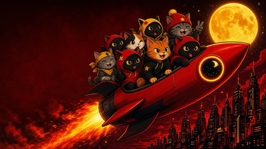 Banner of cartoon cats riding a rocket to the moon