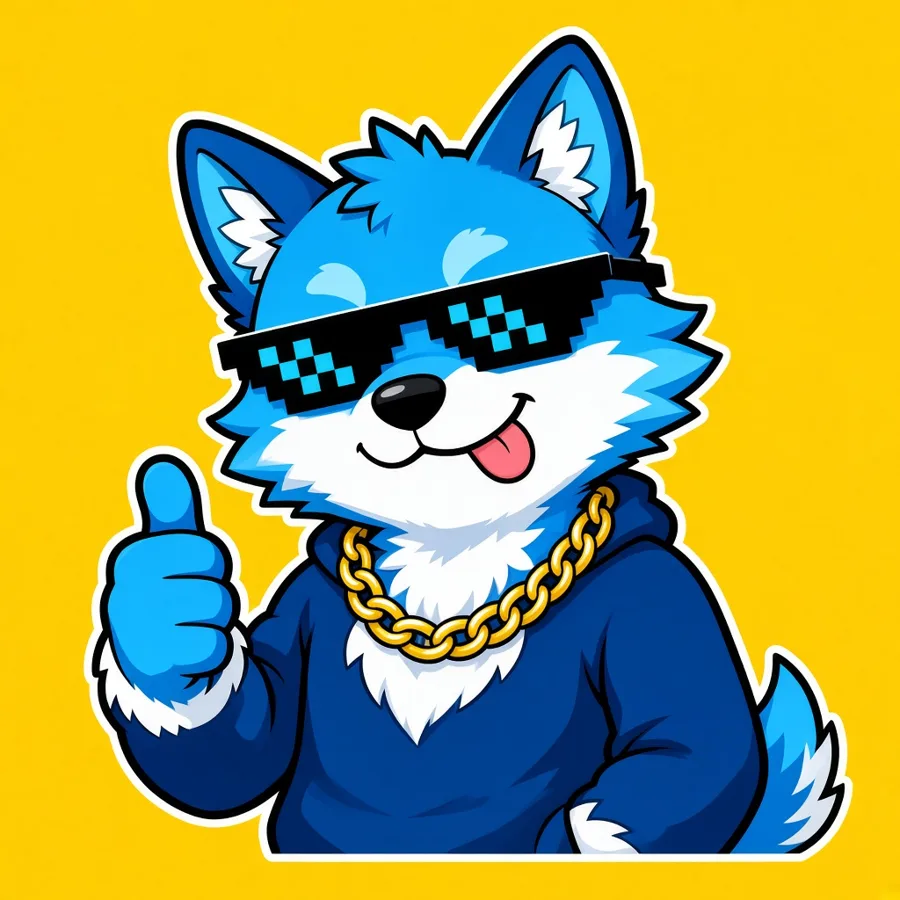 Original blue fox mascot with pixel sunglasses giving a thumbs up