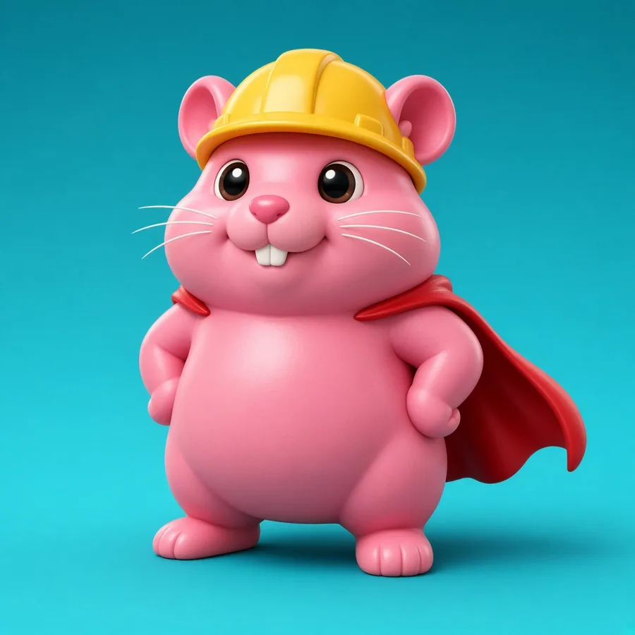 3D style pink hamster mascot with cape and hard hat