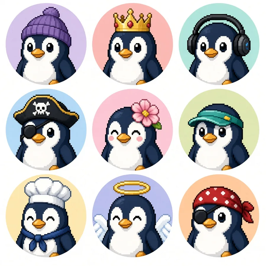 Grid of nine pixel penguin profile pictures