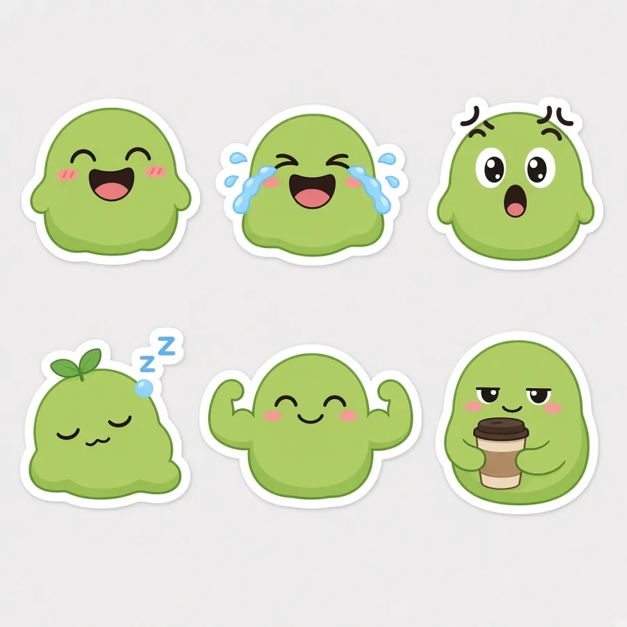 Six expression sticker pack of a green blob mascot
